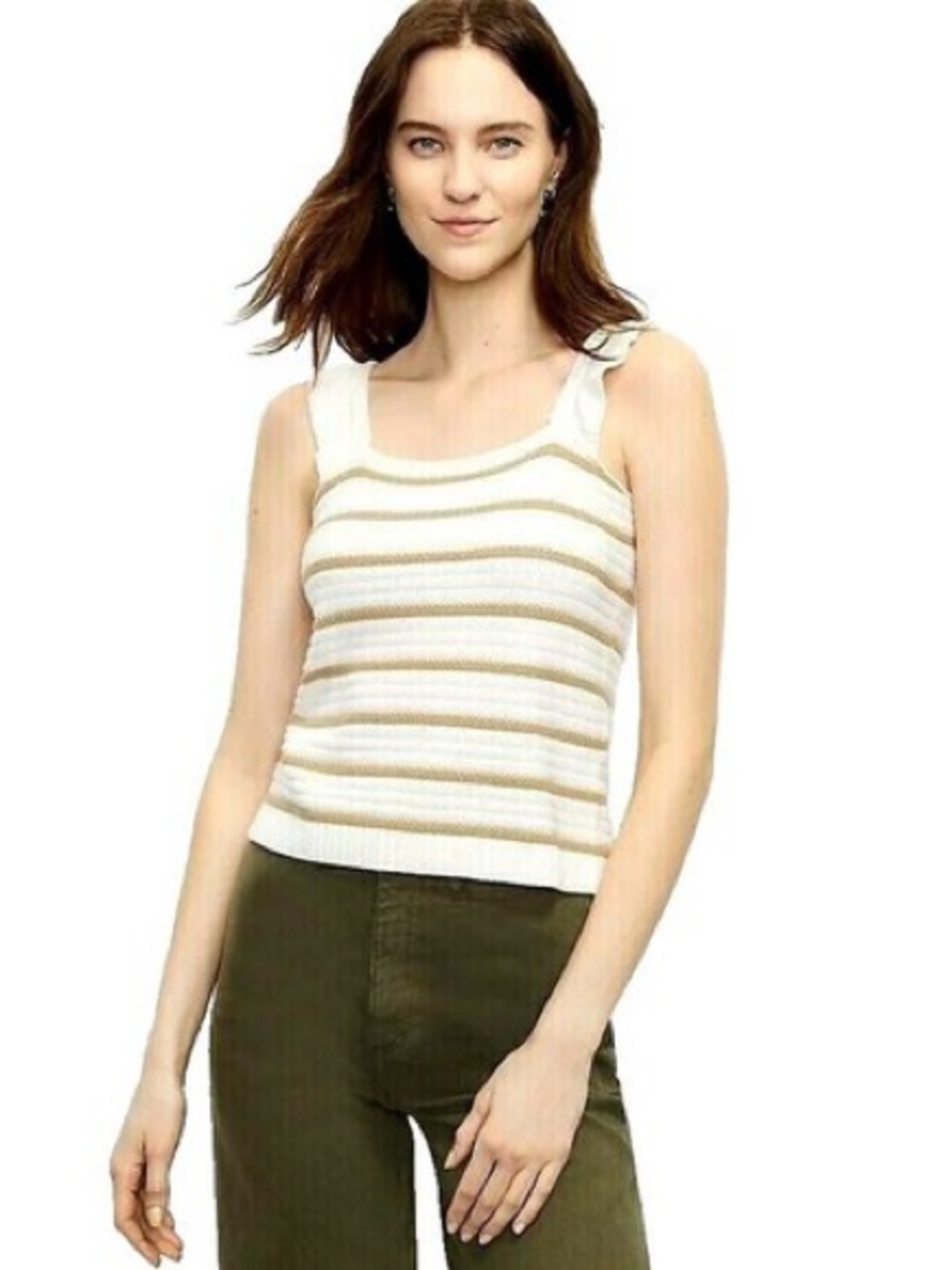 LOFT Striped Ruffle Strap Knit Tank 100% Cotton Size Small